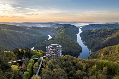 Aerial view of the Saarschleife in Mettlach with the treetop walk in spring, Germany, Europe