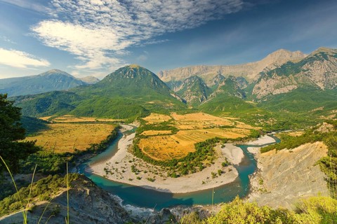 Vjosa river bend panorama at sunrise. I got up at 3 am in the morning to get there for the photo as