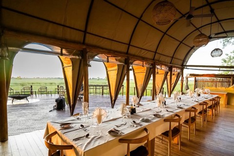 Set table in the restaurant, Okuti Camp, Moremi Game Reserve, Okavango Delta, Maun, Botswana,