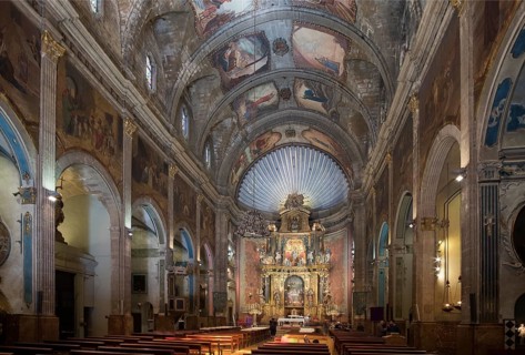Majorca, Pollenca, Esglesia Nostra Senyora dels Angels, view of the altar, ceiling paintings by