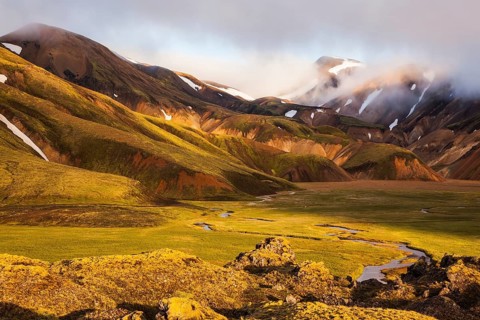 National Park Landmannalaugar, Iceland. Sunrise in the Arctic. Striped mountains of rhyolite