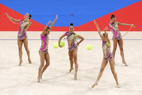 Sofia, Bulgaria - 16 September, 2018: Team Bulgaria performs during The 2018 Rhythmic Gymnastics