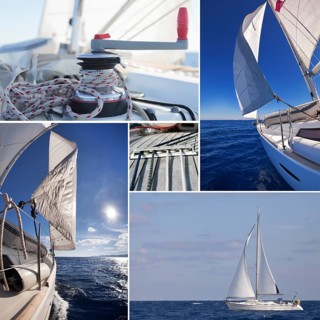 Collage of sailing boat staff: winch with rope, yacht crop, sailboat in the sea