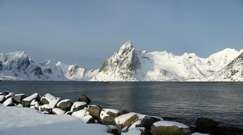 Winter in Hamnøy on the Lofoten island of Moskenesøya. Winter on the archipelago of Lofoten in
