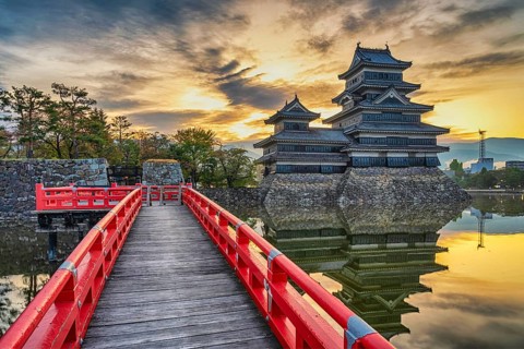 Matsumoto Nagano Japan, sunrise city skyline at Matsumoto Castle with autumn foliage season
