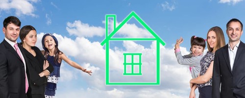 Happy caucasian family on the background of sky with home logo