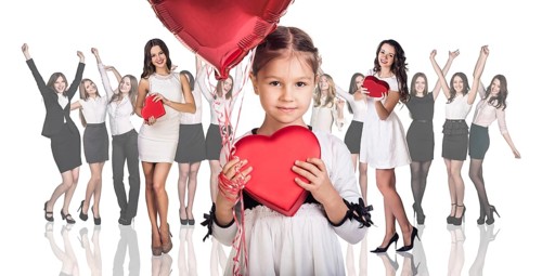 Beautiful girl in dress giving box heart isolated on white
