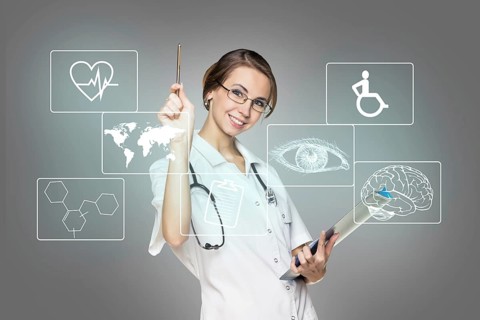 Young female doctor in uniform touch hexagon with icons over gray background. Elements of this