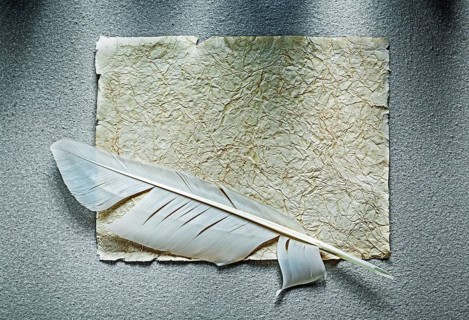 Vintage crumpled paper sheet feather on grey surface