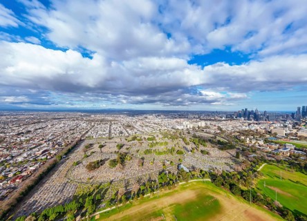 Aerial view of Melbourne Cemetery on a cool winter's day from Parkville in Victoria, Australia,