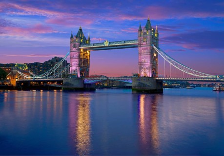 London Tower Bridge sunset on Thames river in England