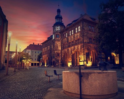 Stadt Nordhausen Rathaus sunset city hall with Roland figure in Thuringia Germany