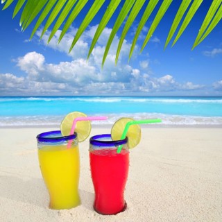 Beach tropical cocktails palm tree leafl turquoise beach on Caribbean Sea