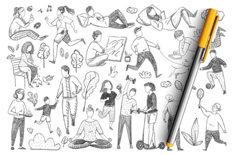 Healthy family lifestyle doodle set. Collection of hand drawn parents doing sport, meditating,
