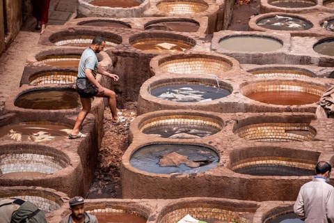 FES, MOROCCO, ARIL 10, 2023, Famous tannery in the medina of Fes, where leather is being processed