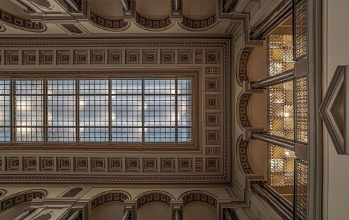 Brussels Old Town, Brussels Capital Region, Belgium, 12 06 2019 Art nouveau ceiling of the Royal