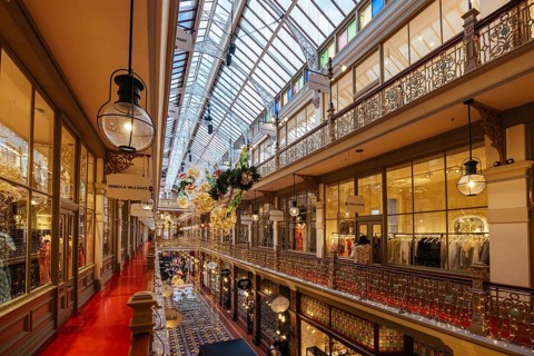 SYDNEY, AUSTRALIA DECEMBER 3 2023, The Strand Arcade with Christmas lights and decorations in the