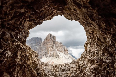 View out of a loophole of the Mount Lagazuoi tunnels, built during the First World War, the