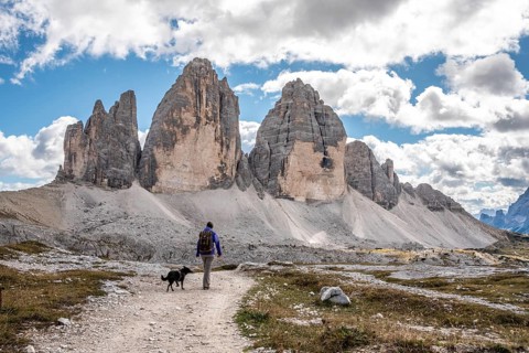 A female person hiking lonely with her dog around the Drei Zinnen mountains, the Dolomites in South