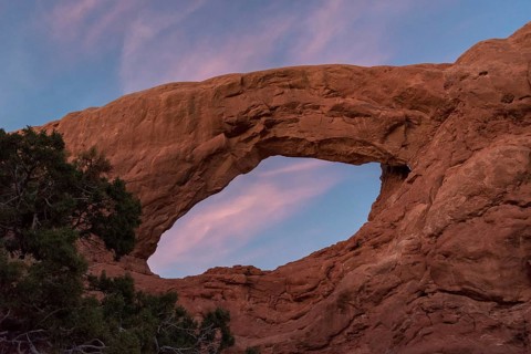 Sunset over Turret Arch in the Arches National Park, USA, North America