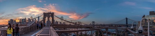 Night coming over famous Brooklyn Bridge, New York City, USA, North America