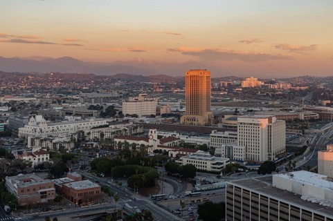 A picture of the Los Angeles Union Station at sunset