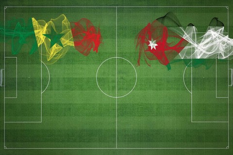 Senegal vs Jordan Soccer Match, national colors, national flags, soccer field, football game,