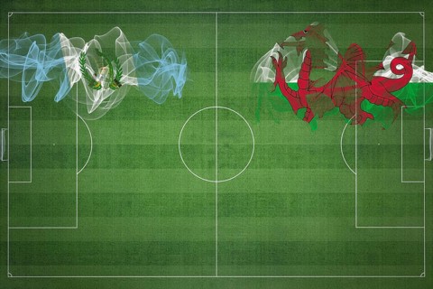 Guatemala vs Wales Soccer Match, national colors, national flags, soccer field, football game,