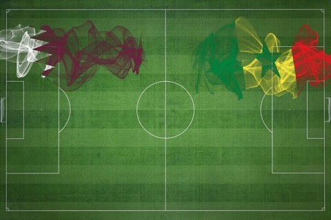 Qatar vs Senegal Soccer Match, national colors, national flags, soccer field, football game,