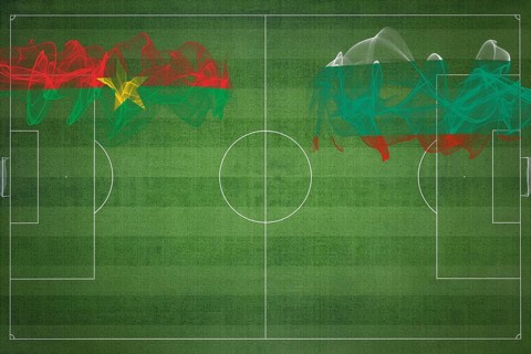 Burkina Faso vs Bulgaria Soccer Match, national colors, national flags, soccer field, football