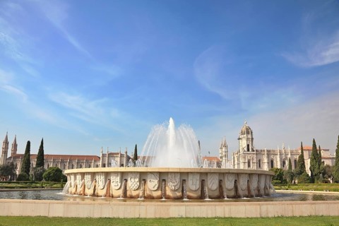 Gorgeous Portugal. Embankment of the River Tagus in Lisbon. A beautiful fountain and amonastery of