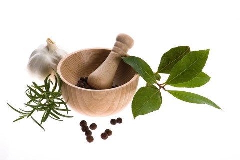Mortar and pestle, with fresh-picked herbs