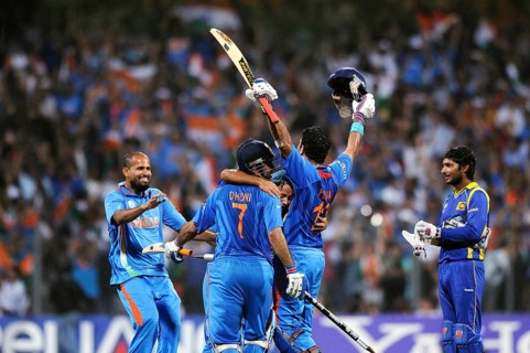 Indian cricketers celebrate after beating Sri Lanka ICC Cricket World Cup 2011 final match Wankhede