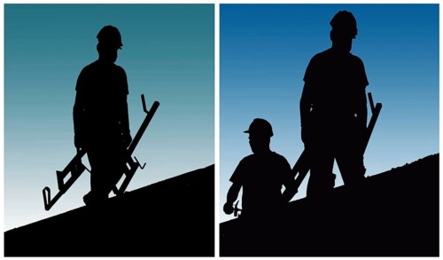 Construction workers work on building site
