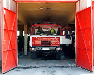 Old fire truck, fire hoses and equipment