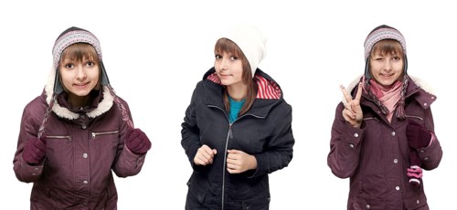 Collage beautiful young girl in winter to cloth on white background. Picture built from several