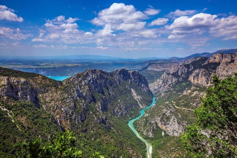 The largest alpine canyon Verdon spring. Turquoise water of the river is flowing at the bottom of