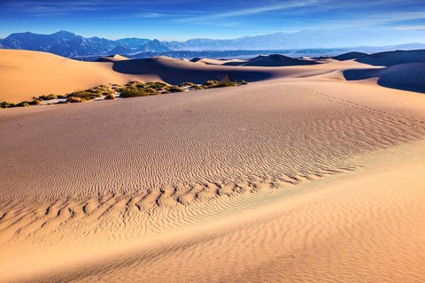 Thin waves on the sand in Mesquite Flat Sand Dunes. Bright sunny morning in a picturesque part of