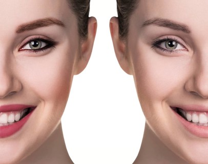 Comparative portrait of female face, without and with makeup