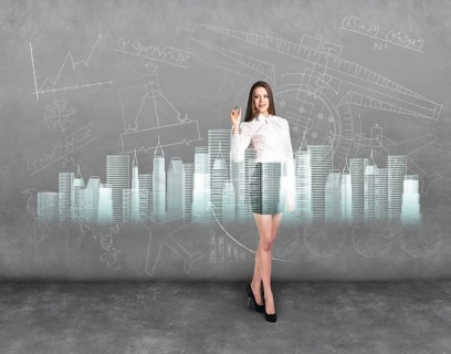 Businesswoman working with modern virtual technologies on gray background