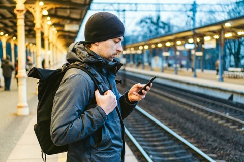 Sopot Railway station. traveler waiting for transportation. Travel concept. Man at the train
