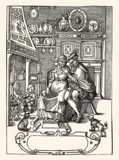 Interior of a room with a young man courting for a rich old widow, anonymous French woodcut around