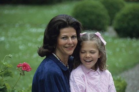 Queen Silvia of Sweden with her daughter crown princess Victoria on the grounds of Solliden castle