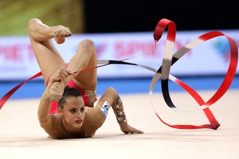 Sofia, Bulgaria - 14 September, 2018: Linoy ASHRAM from Israel performs with ribbon during The 2018