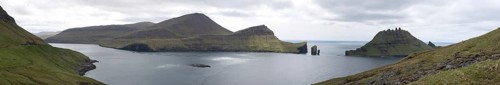 Panorama of Vagar and Tindholmur on the Faroe Islands with salmon farm, Faroe Islands, Denmark,