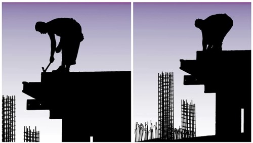 Construction workers put formwork and armature