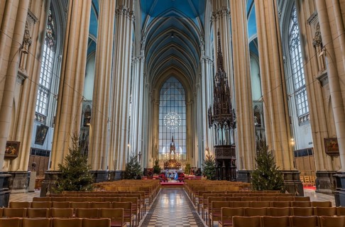 Belgium, 09 13 2019: Neo-gothic interior design of the roman catholic church of Our Lady of Laeken,