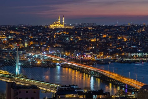 A picture of the Ataturk Bridge and the Yavuz Sultan Selim Mosque at night