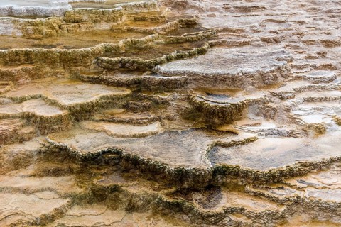 Scenic lifeless calcium terraces at Mammoth Hot Springs, Yellowstone National Park, USA, North
