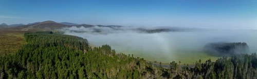 Coastal fog in the Scottish Highlands with hills, drone image, Broch of Ousdale, Berriedale,